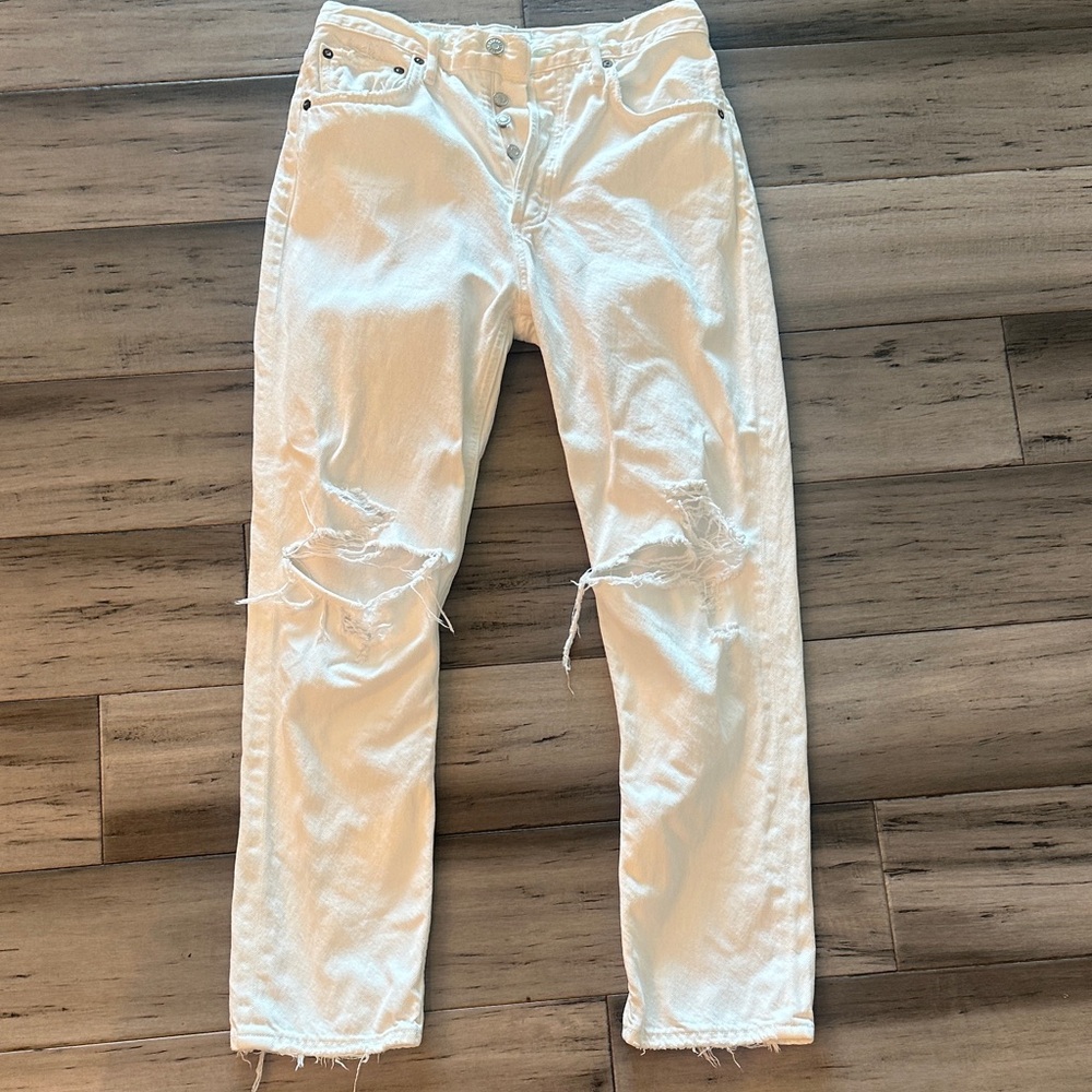 Distressed Cropped White Jeans